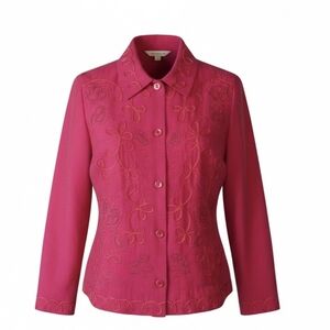 Vtg Red silk Blouse scroll work Office Siren button up career Sz M